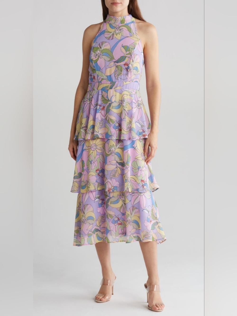 Tahari ASL Dress  Sleeveless Tiered Dress Floral Pastel Marble Size 8 Lavender